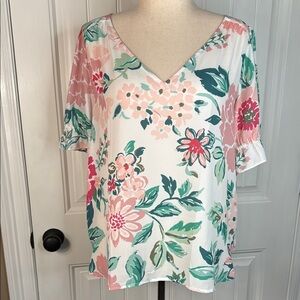 LOFT White and Pink Boxy Blouse with Relaxed Fit Women’s Size L